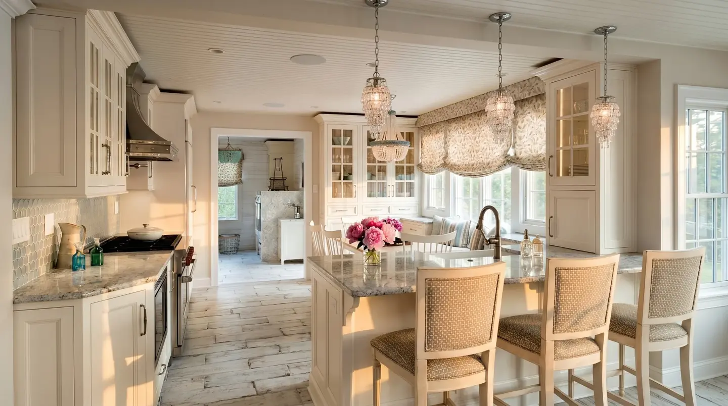 Churchville beach house chic kitchen with white cabinetry, an island with patterned counter stools, three beaded chandeliers, a beadboard ceiling, blue hexagon glass tile, whitewashed plank floors, and peonies on the island in warm golden light