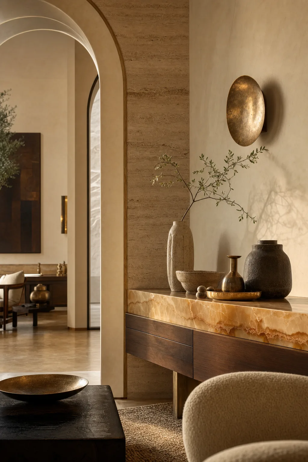 Dubai-inspired interior detail in travertine, honey onyx, and unlacquered brass