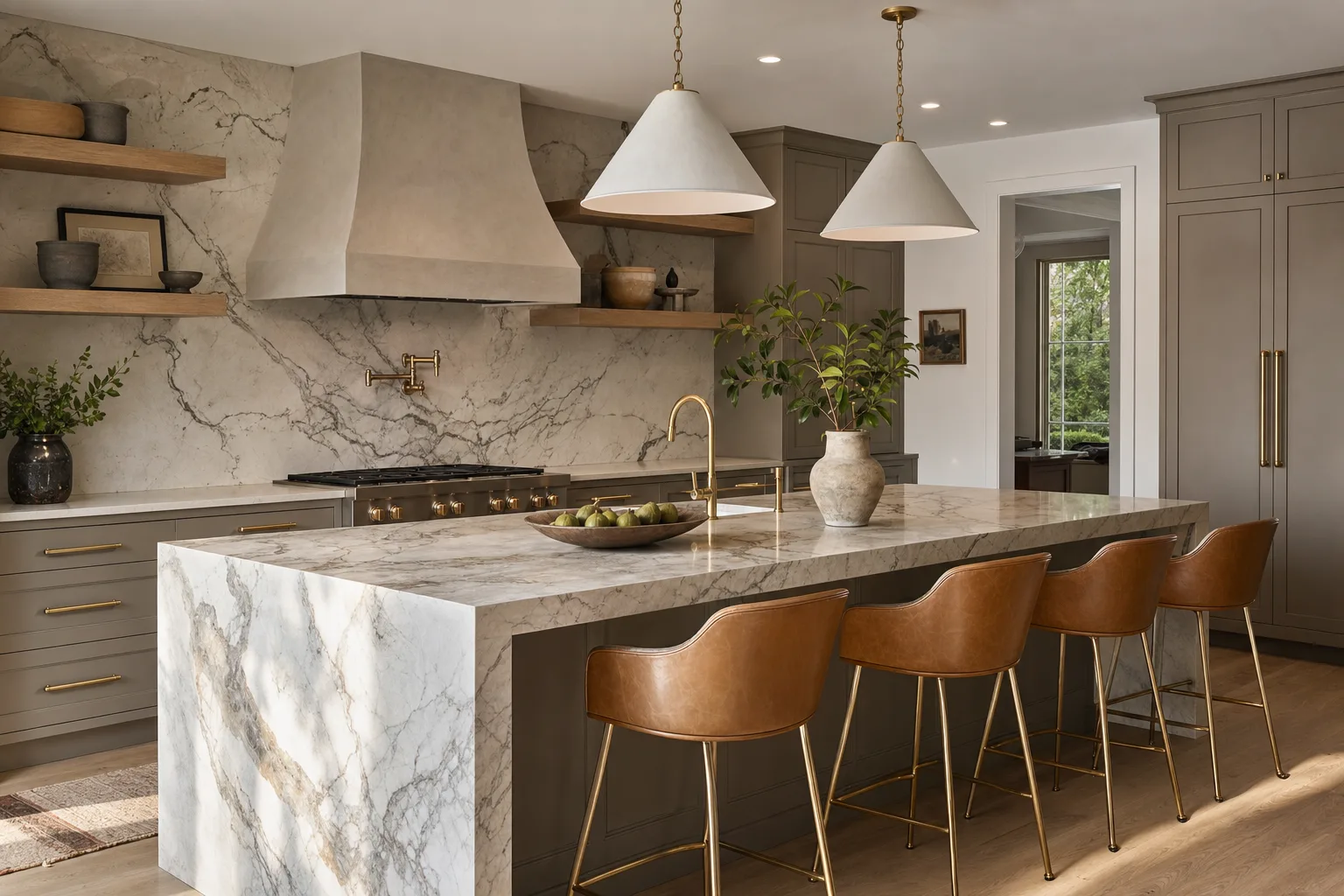 Villanova kitchen with a marble waterfall island and integrated paneled appliances