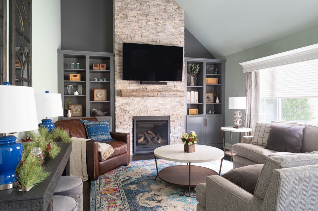 Transitional Style Living Room With Stone Fireplace